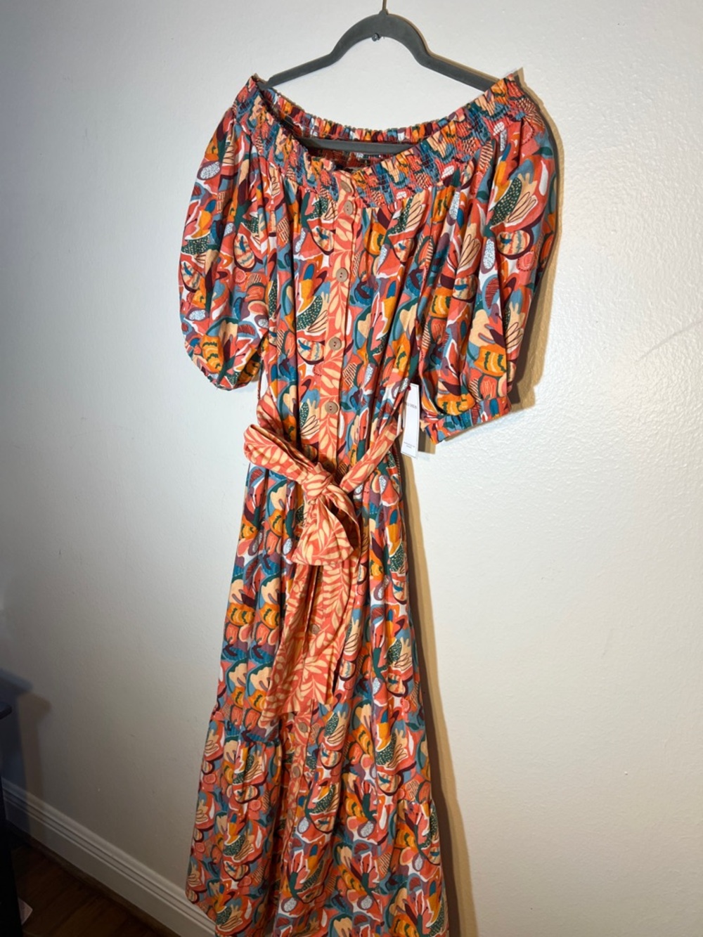 Aura Coral Aqua Multi-Print Off-Shoulder Puff Sleeve Maxi Linen Dress Tie S M - Picture 7 of 7